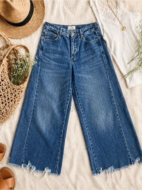 Pilcro Anthropologie Wide Leg Crop Jeans 26P Petite Raw Hem High Rise Boho